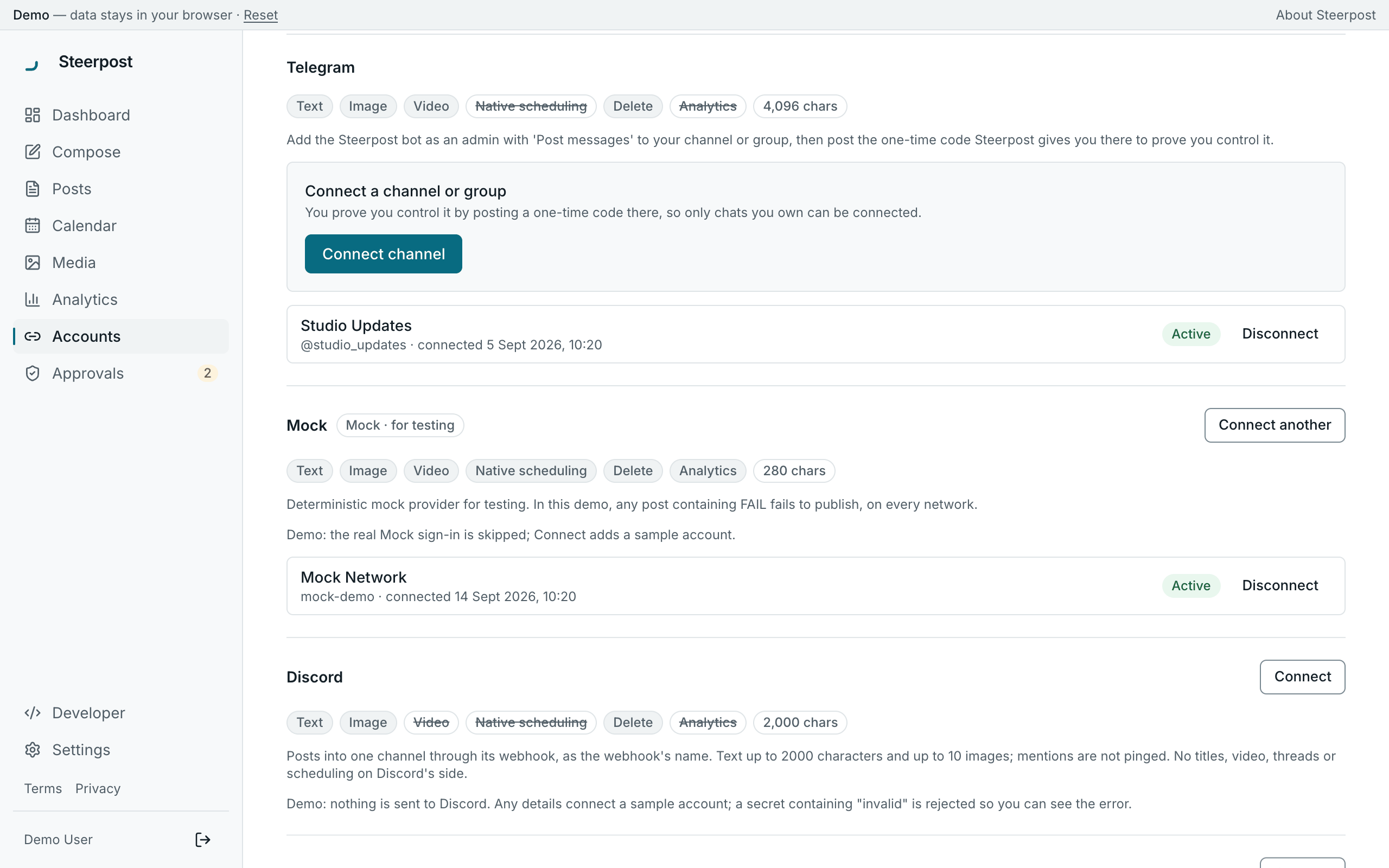 The accounts page with connected networks and the others marked as not available.
