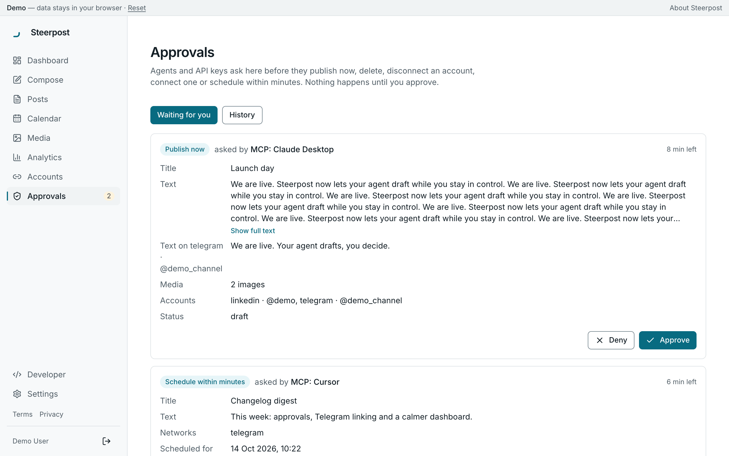 The Approvals page listing a request from an MCP agent to publish a post now, with Deny and Approve buttons.