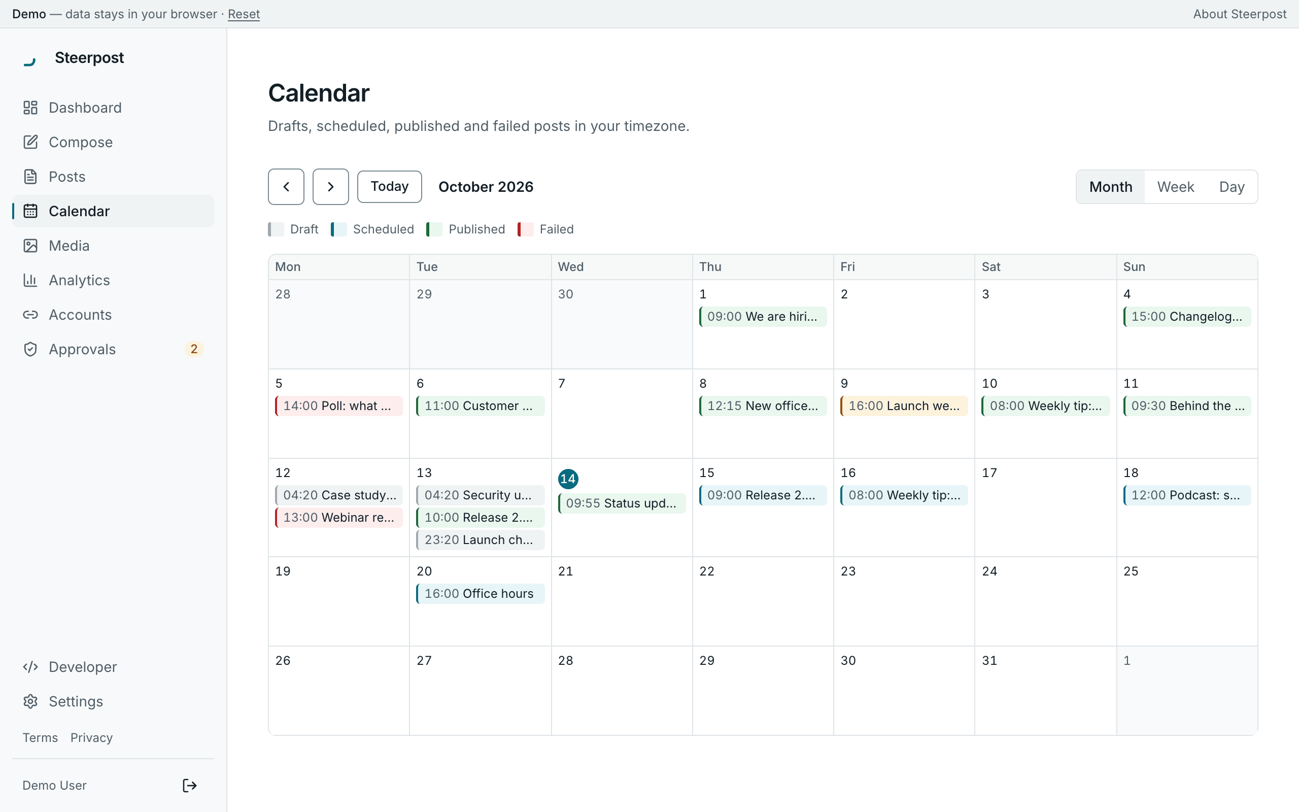 The calendar in month view with draft, scheduled, published and failed posts.
