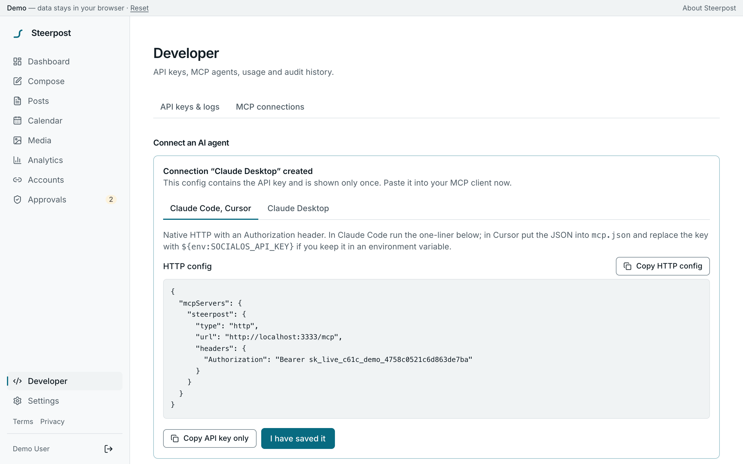 The MCP connections page with a permission picker and a ready-to-paste client config.